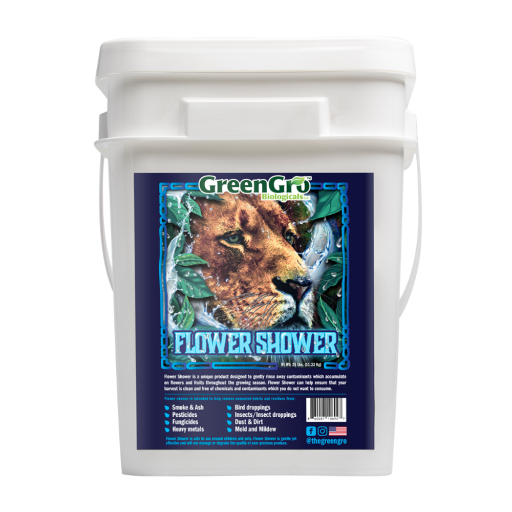 GreenGro Biologicals Flower Shower product with lion on label, 25 lb bucket.