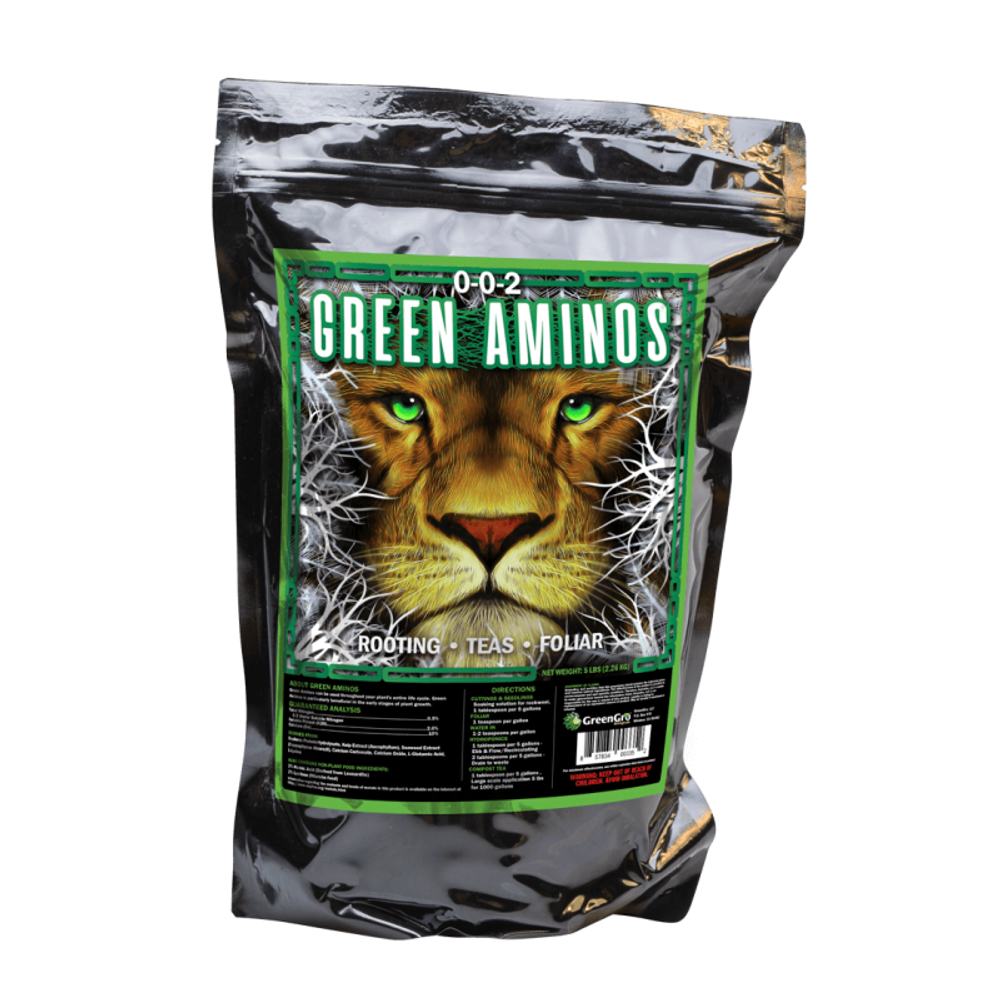Green Gro Green Aminos fertilizer bag featuring a lion's face with green eyes and white roots.