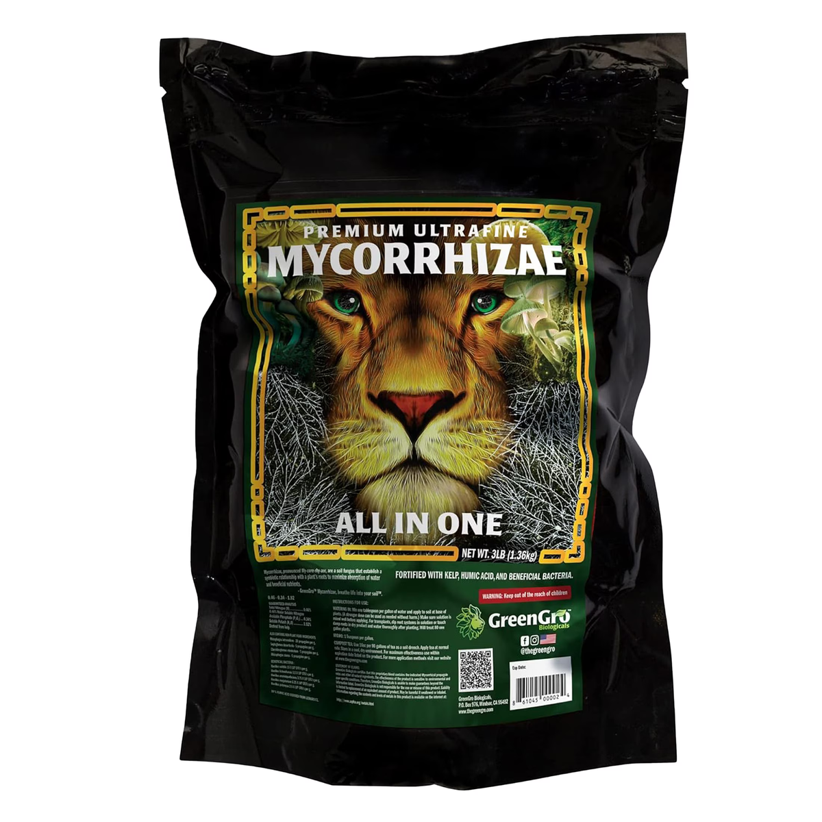 GreenGro Premium Ultrafine Mycorrhizae bag featuring a lion's face and mushrooms.