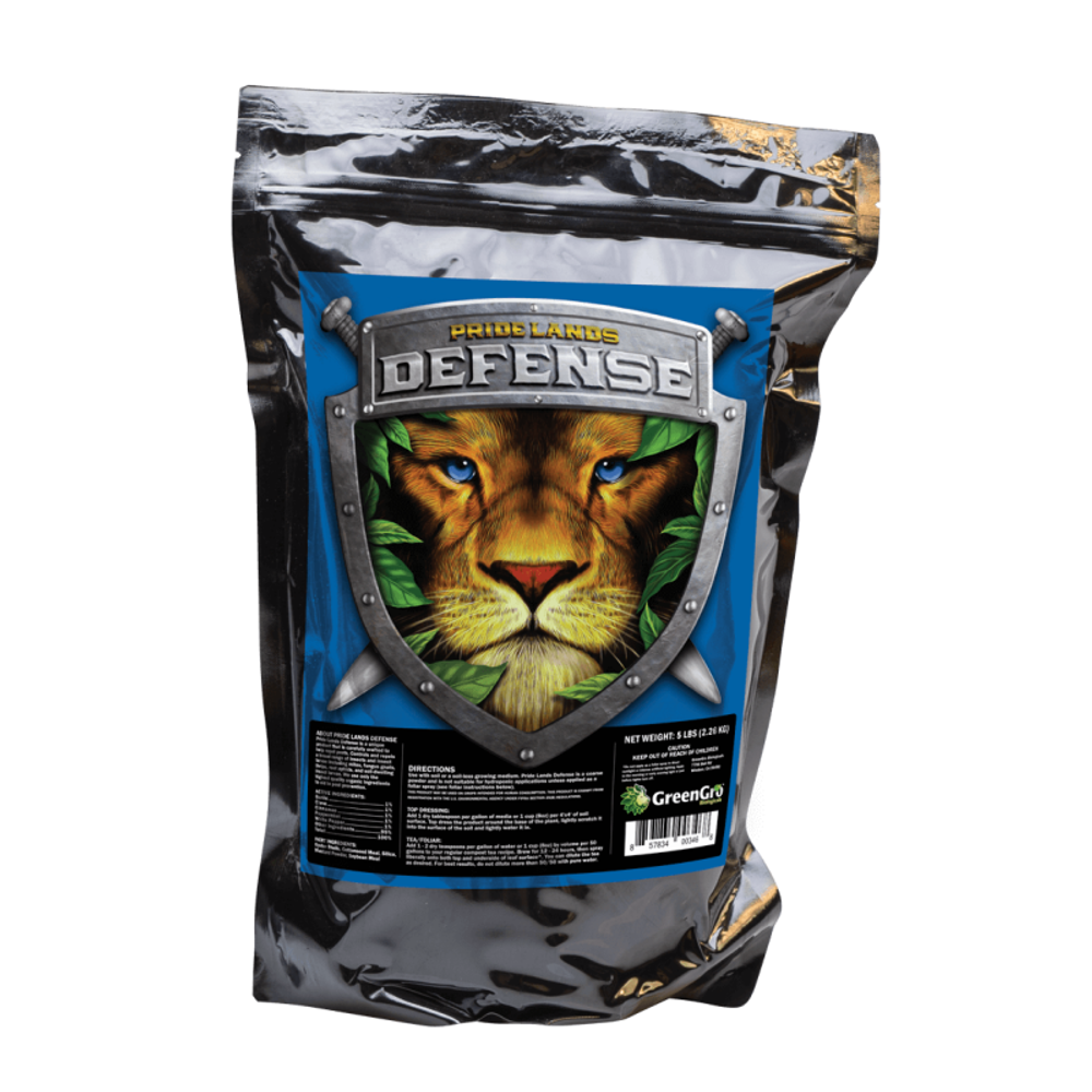 A bag of GreenGro Pride Lands Defense, featuring a lion's face on a shield.