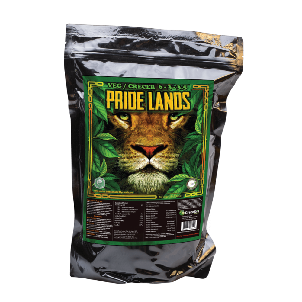 GreenGro Pride Lands Veg 6-3-3.5 fertilizer bag with lion graphic.