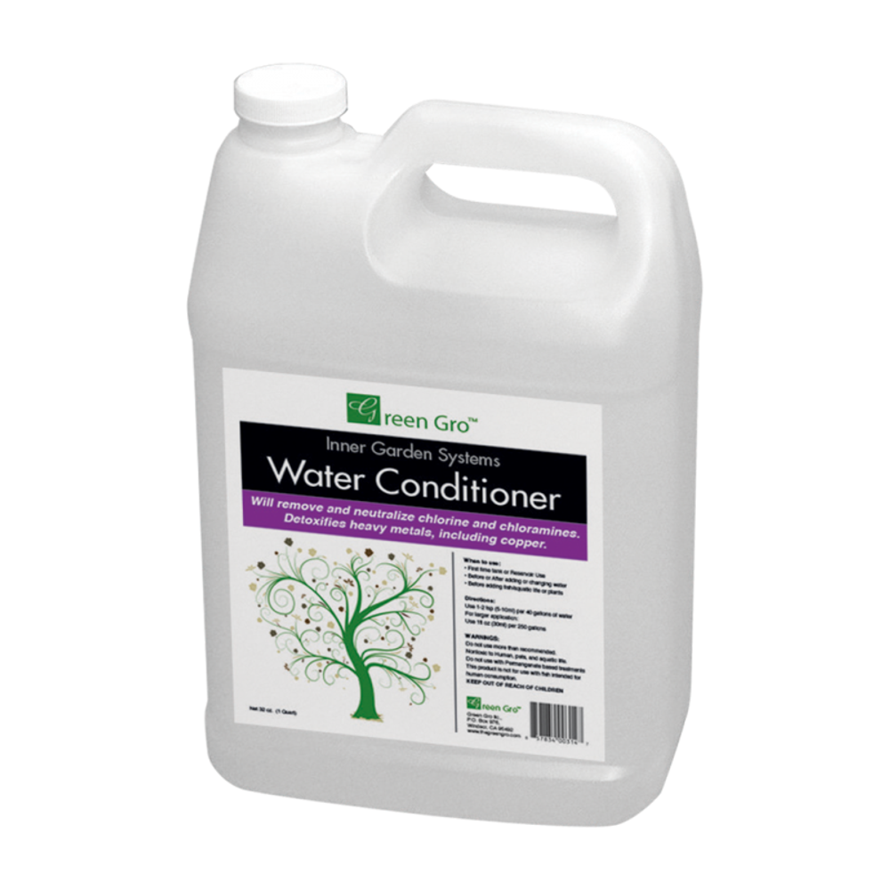 Green Gro Water Conditioner gallon jug with label showing detoxifying tree graphic.