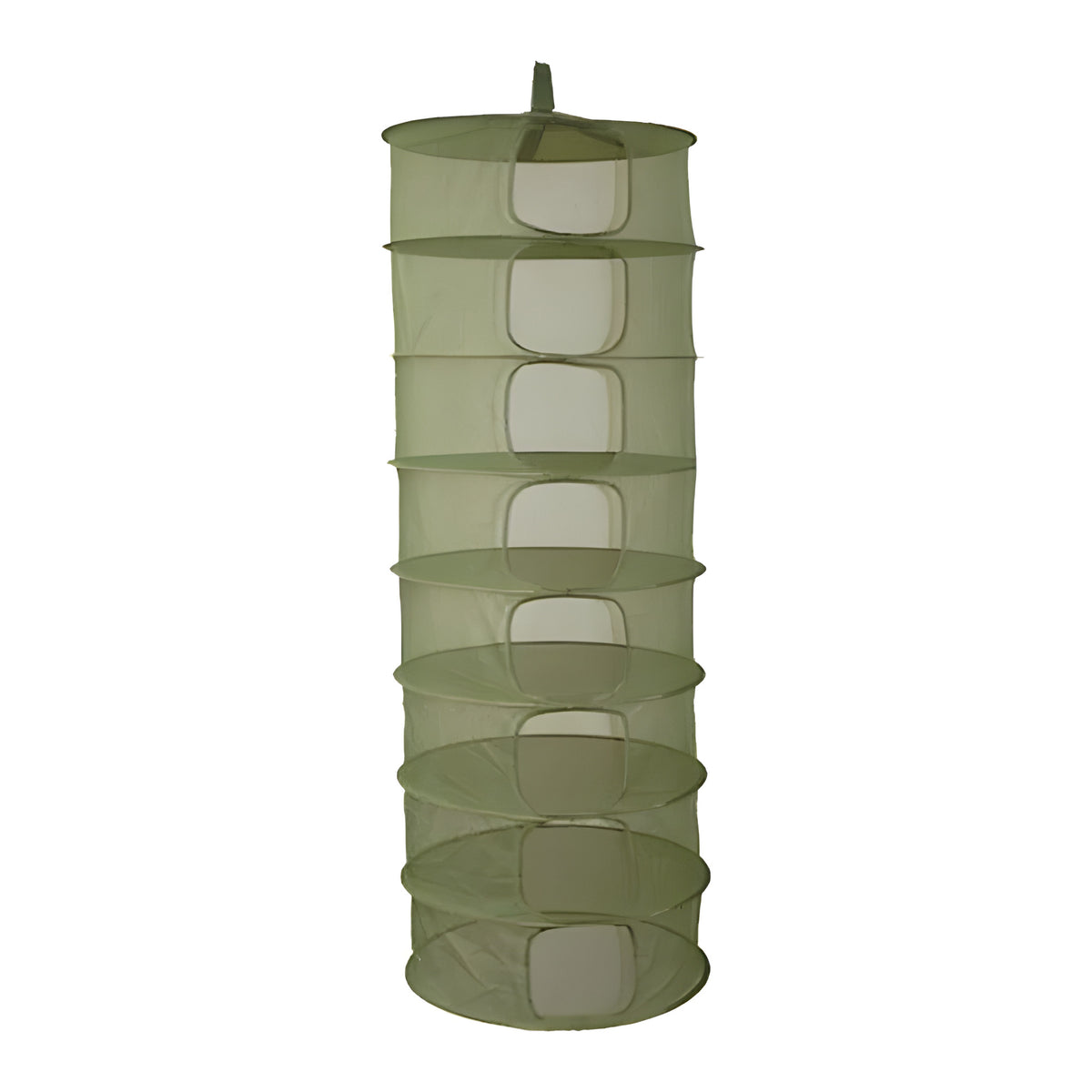 A tall, green, multi-tiered drying rack with white mesh windows hangs vertically against a white background.