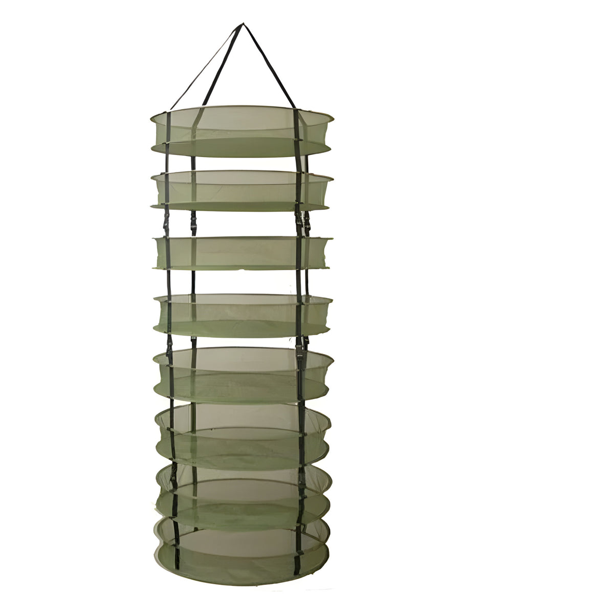 Hanging green mesh drying rack with 8 levels.