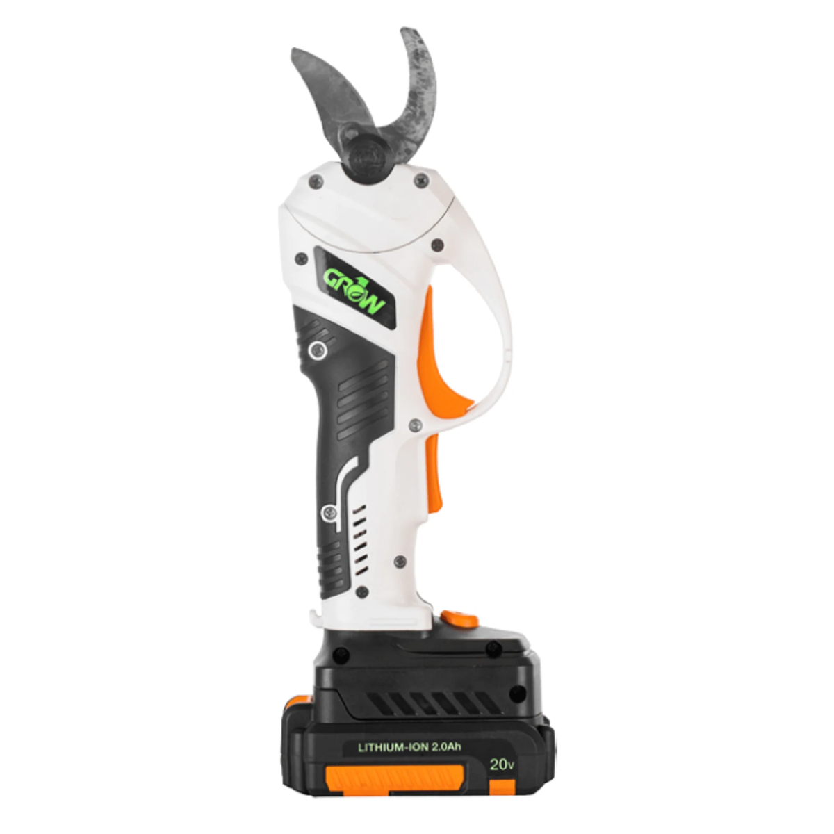White and orange cordless pruning shears with a black battery pack.