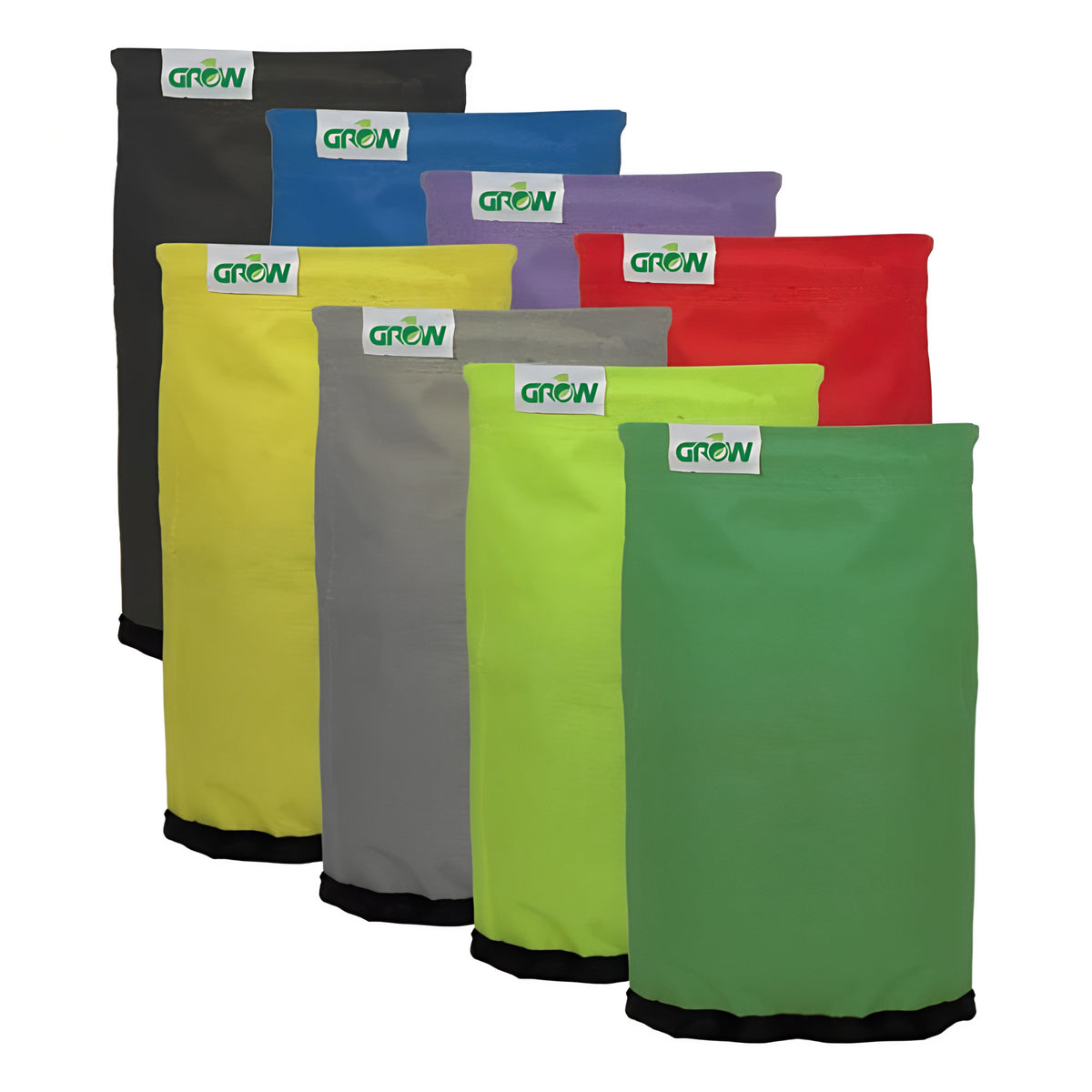 A collection of colorful "GROW" branded grow bags in various sizes.