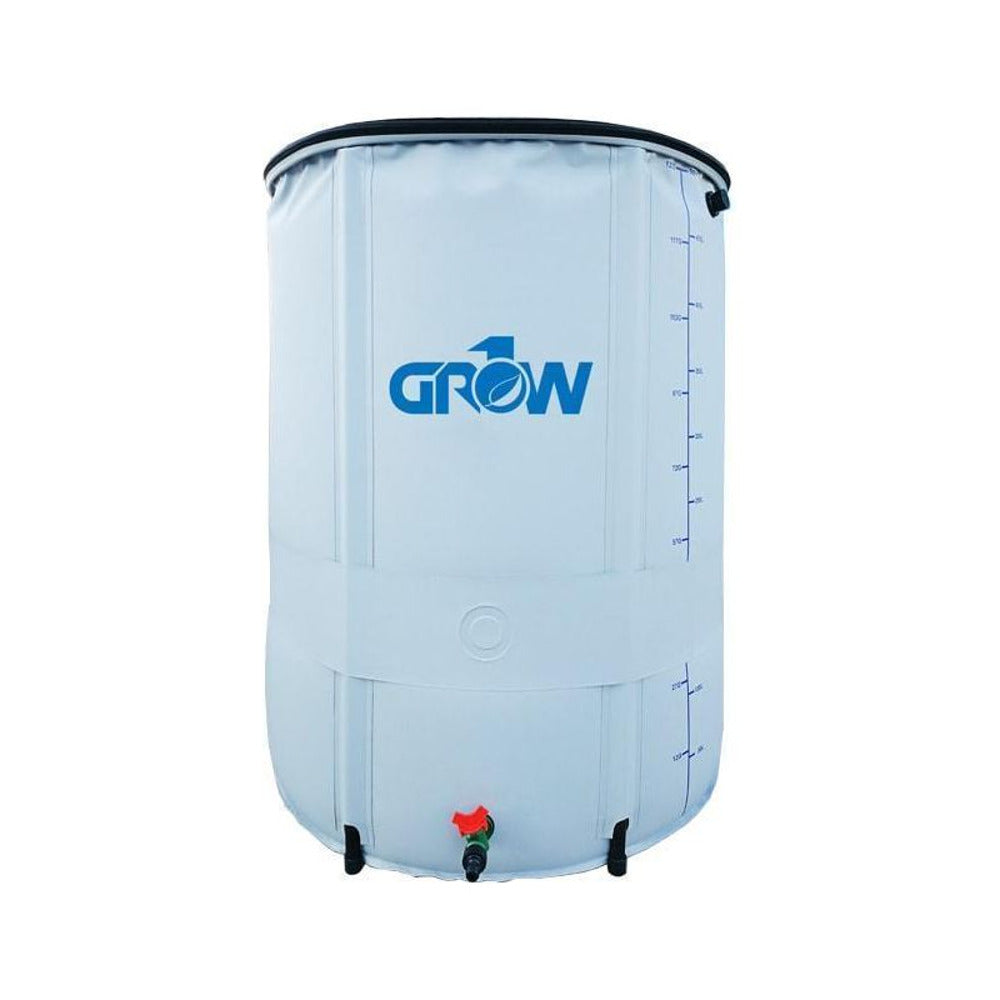 White collapsible rain barrel with "GROW" logo and measurement markings.