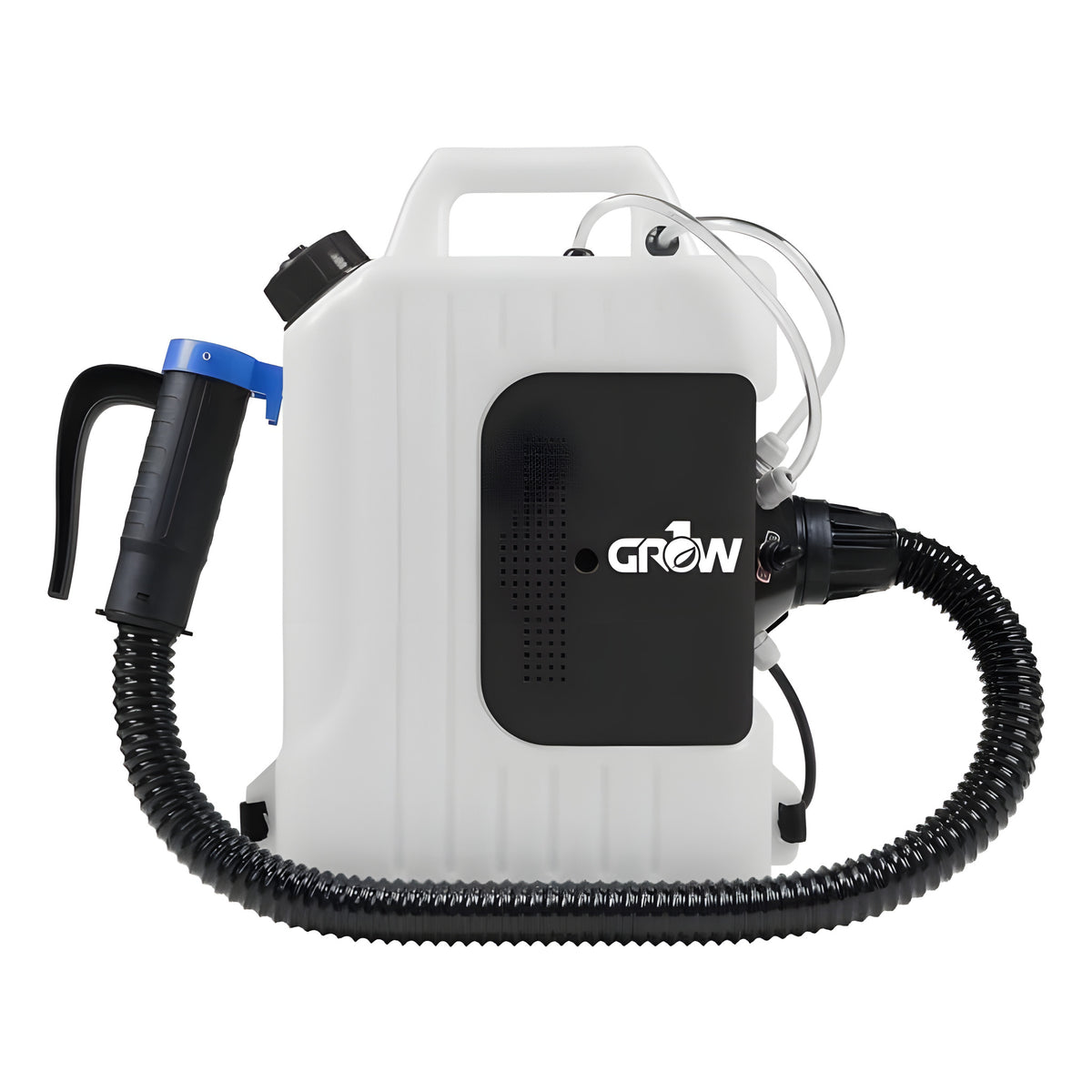 White electric backpack fogger with black hose and blue-handled sprayer, featuring the "GROW" logo.