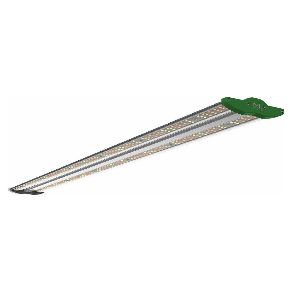 TSL branded green end cap on a long LED grow light bar with multiple LEDs.