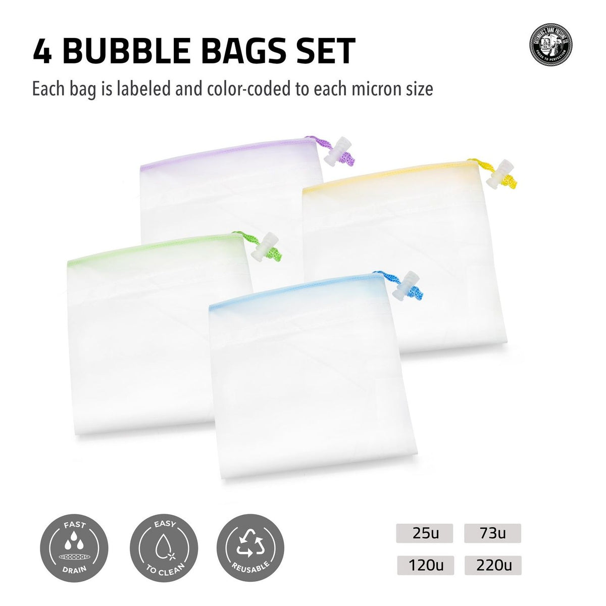 4 color-coded bubble bags for herbal extraction, labeled with micron sizes 25u, 73u, 120u, 220u.