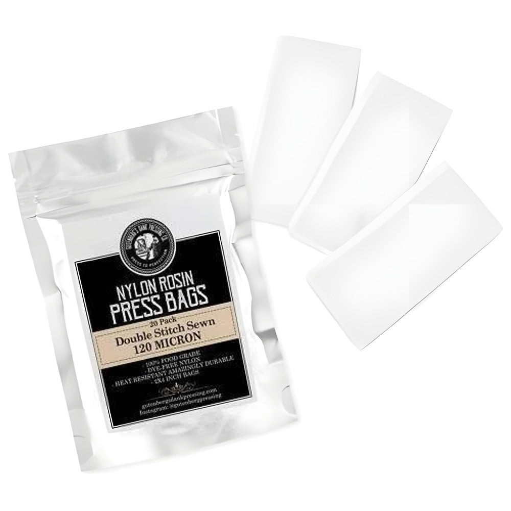 Gutenberg's Dank Pressing Co. 120 micron rosin press bags are visible.
