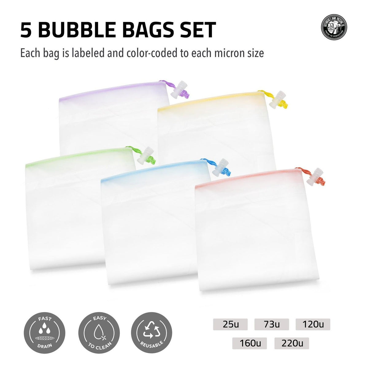 5 bubble bags set, color-coded with drawstring closures, labeled with micron sizes 25u-220u.