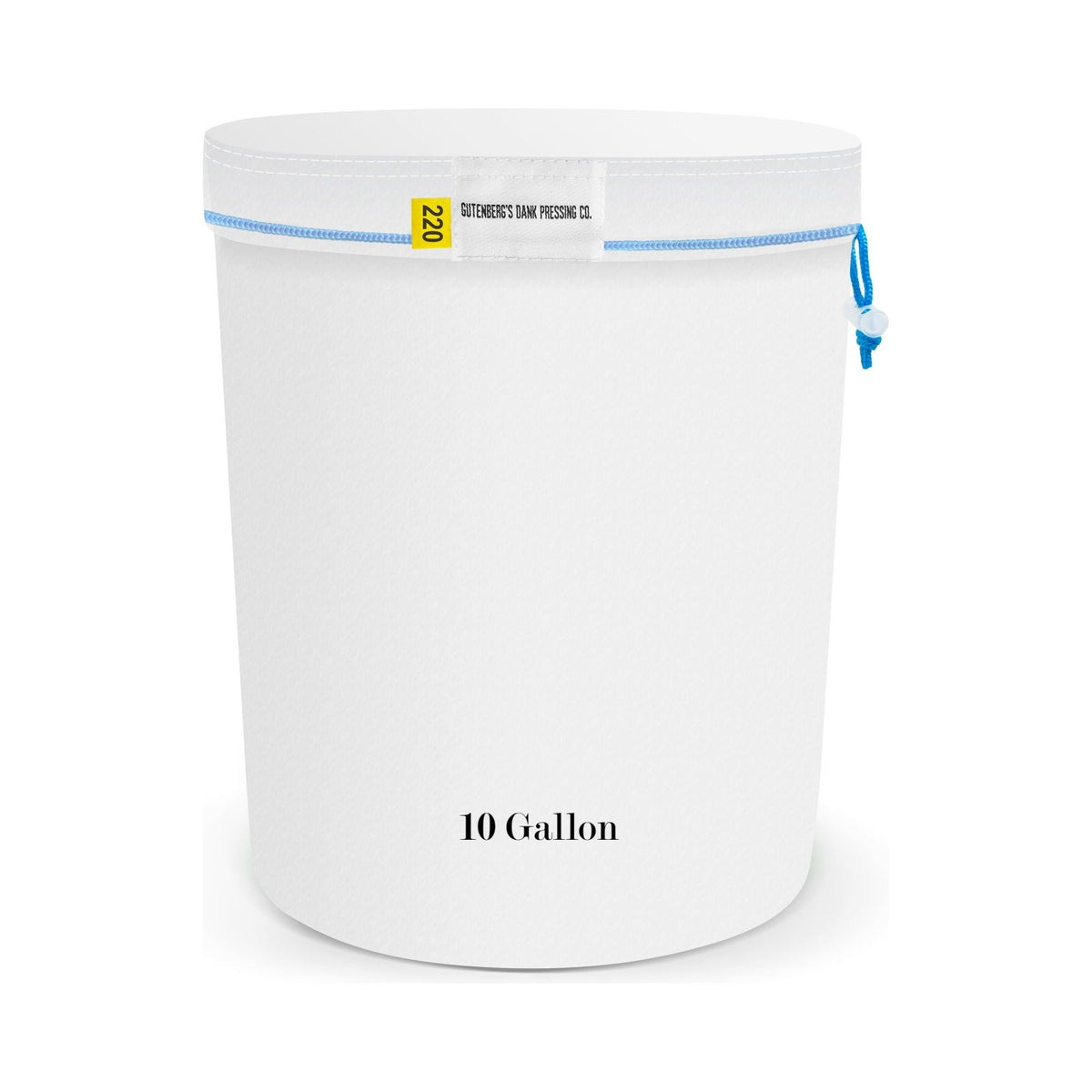 A white 10-gallon bubble bag by Gutenberg's Dank Pressing Co. with a blue drawstring and "220" label.