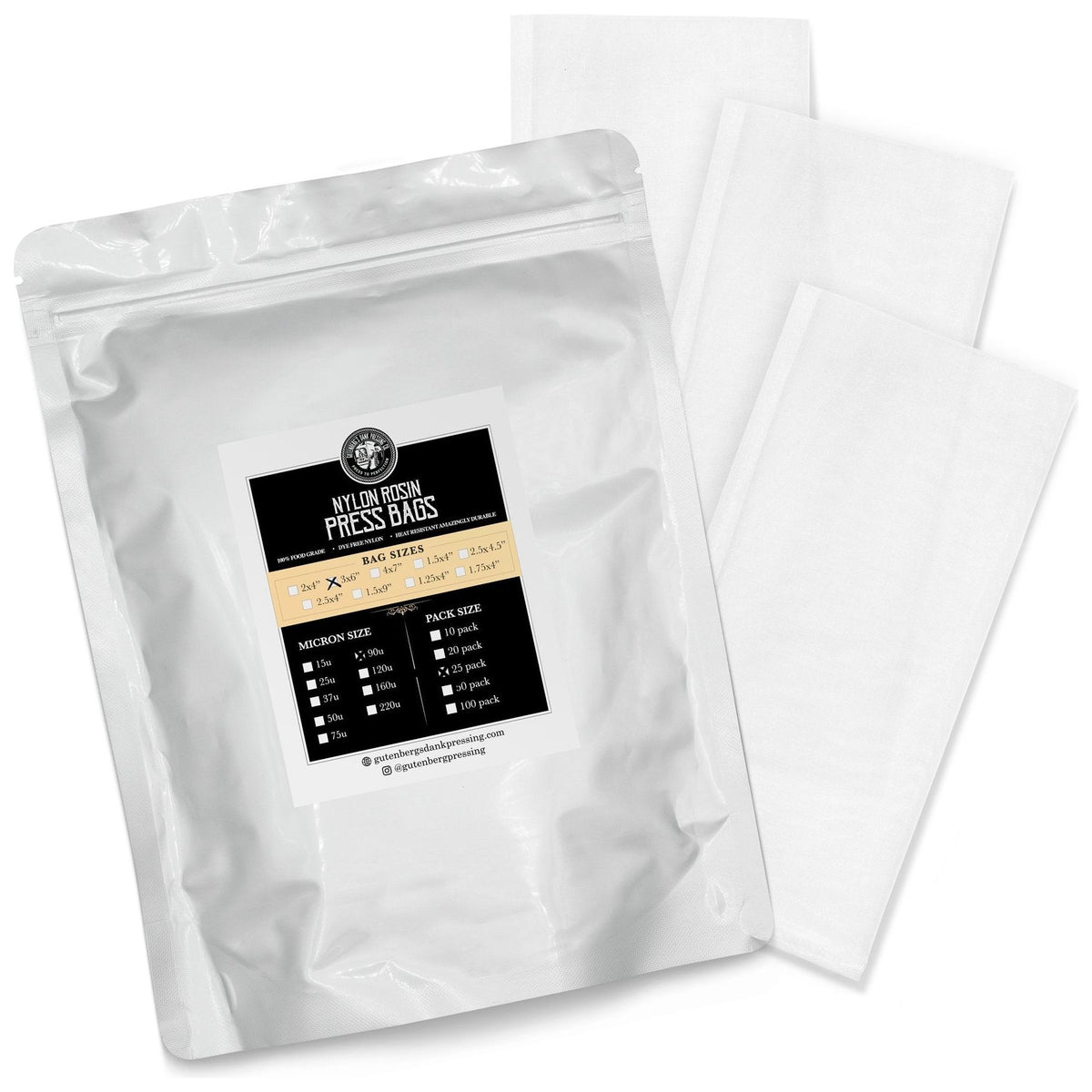 White rosin press bags in a resealable pouch with label showing sizes and micron options.