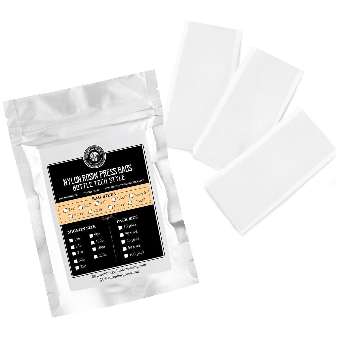 Gutenbergs Dank Pressing Co Gutenberg's Dank Pressing Co 37 Micron 2" × 4" Bottle Tech Style Rosin Bags