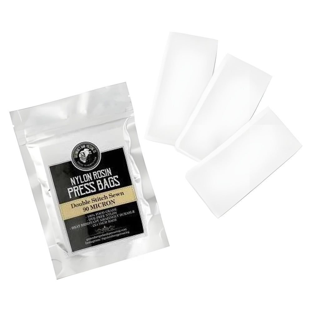 Nylon rosin press bags, 90 micron, double stitch sewn, on a white background.