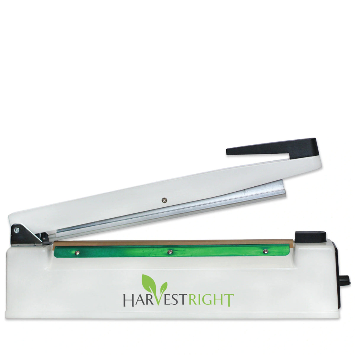 White Harvest Right impulse sealer with green logo, open to show heating element.