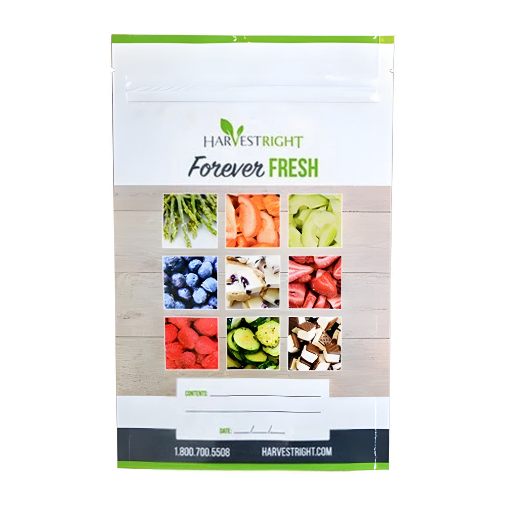 Harvest Right resealable mylar bags with freeze-dried foods: asparagus, fruit, and vegetables.