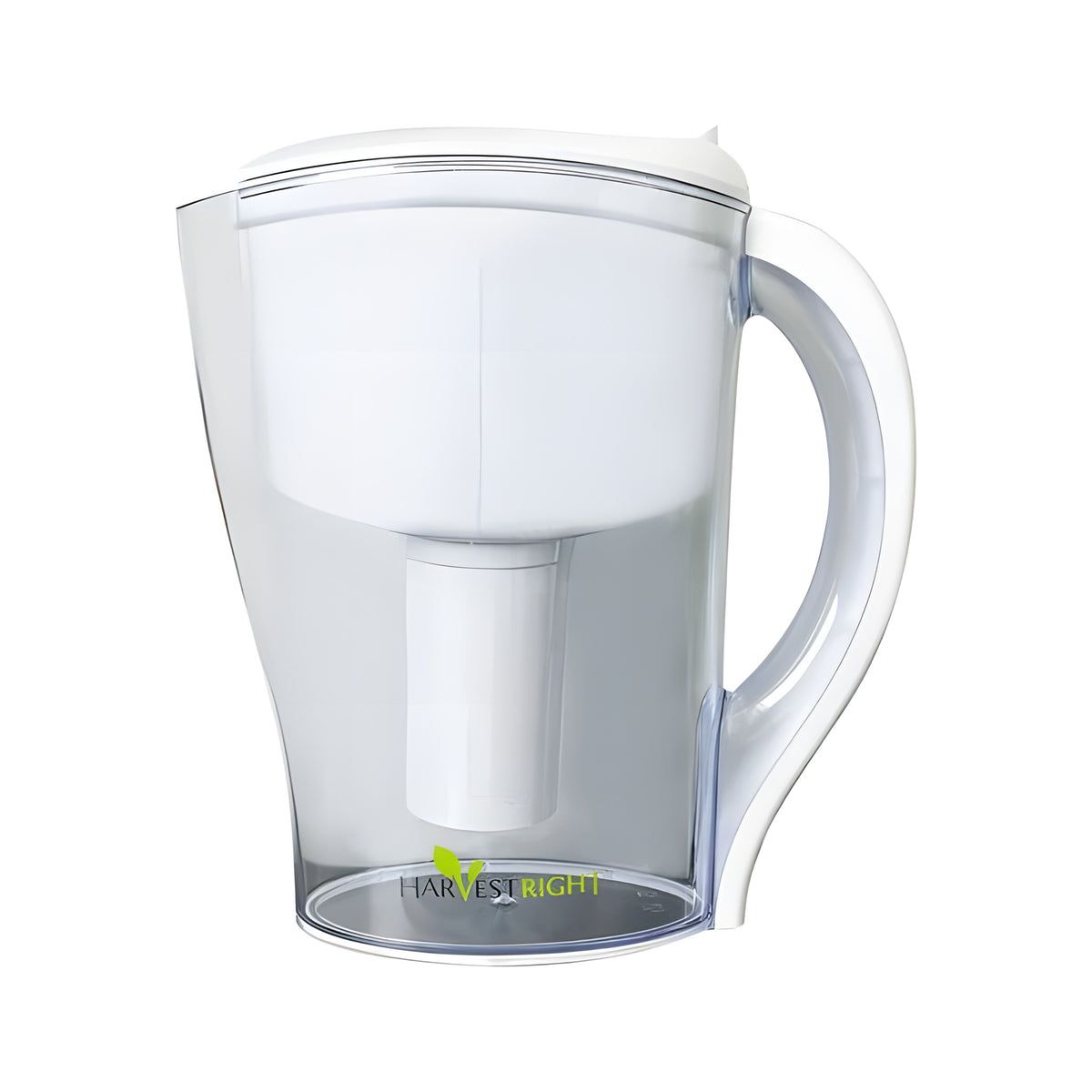 Harvest Right water filter pitcher with clear body and white filter cartridge, on white background.