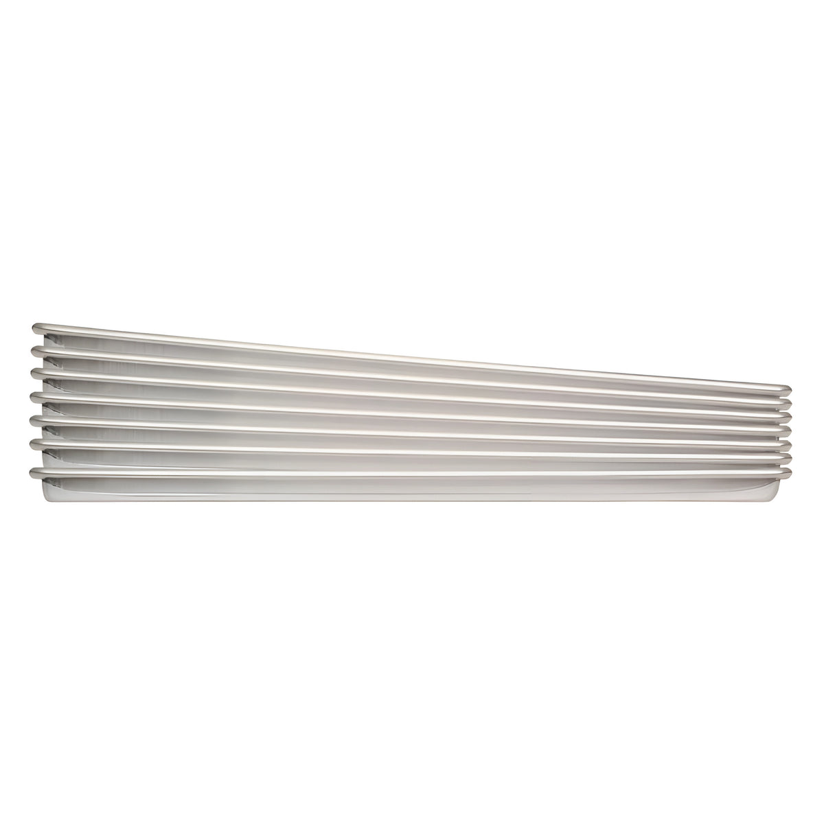 A horizontal stack of aluminum freeze-dry trays, showing a thin, metallic surface with horizontal ridges.