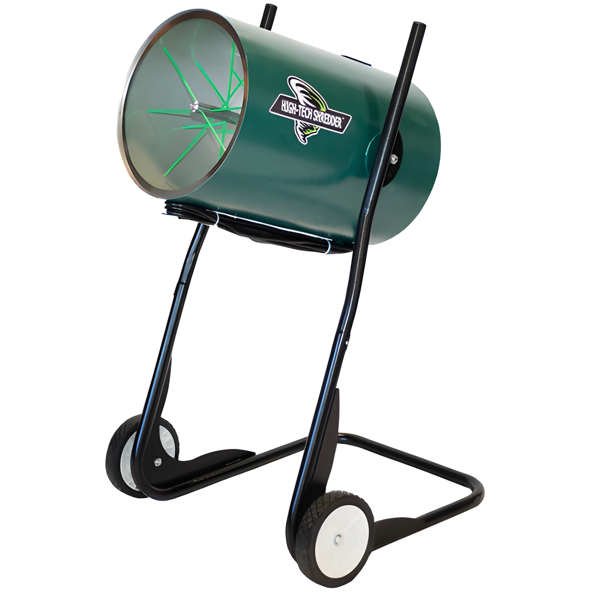 Green high-tech shredder machine with wheels.