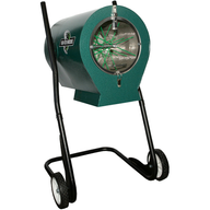 Green plant shredder and sifter machine with a rotating drum and wheels.