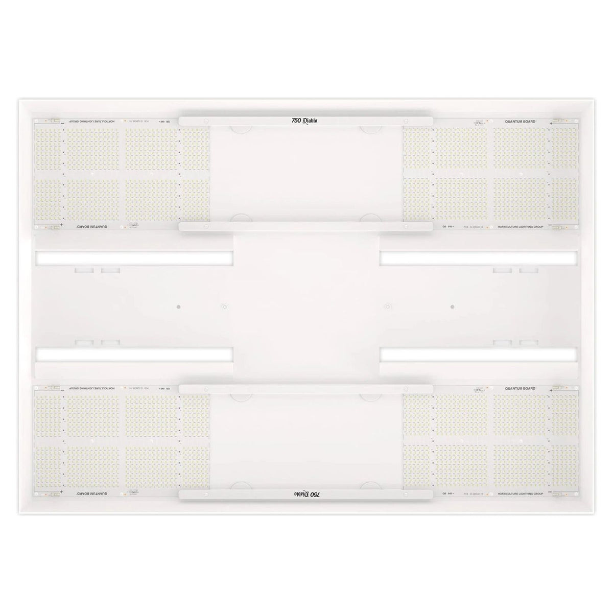 White Horticulture Lighting Group HLG 750 Diablo LED grow light with four square quantum boards and a central power supply.