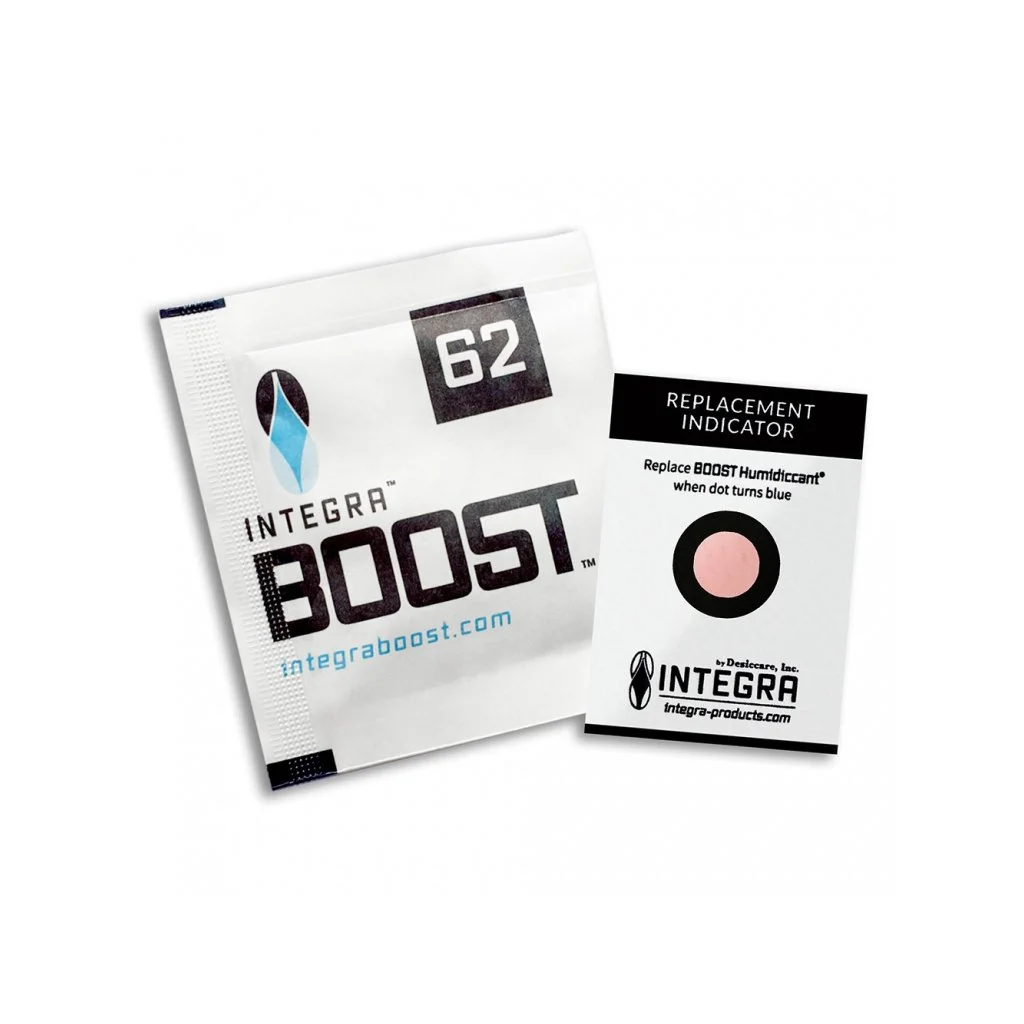 Integra Boost 62% humidity control packet with a replacement indicator card.