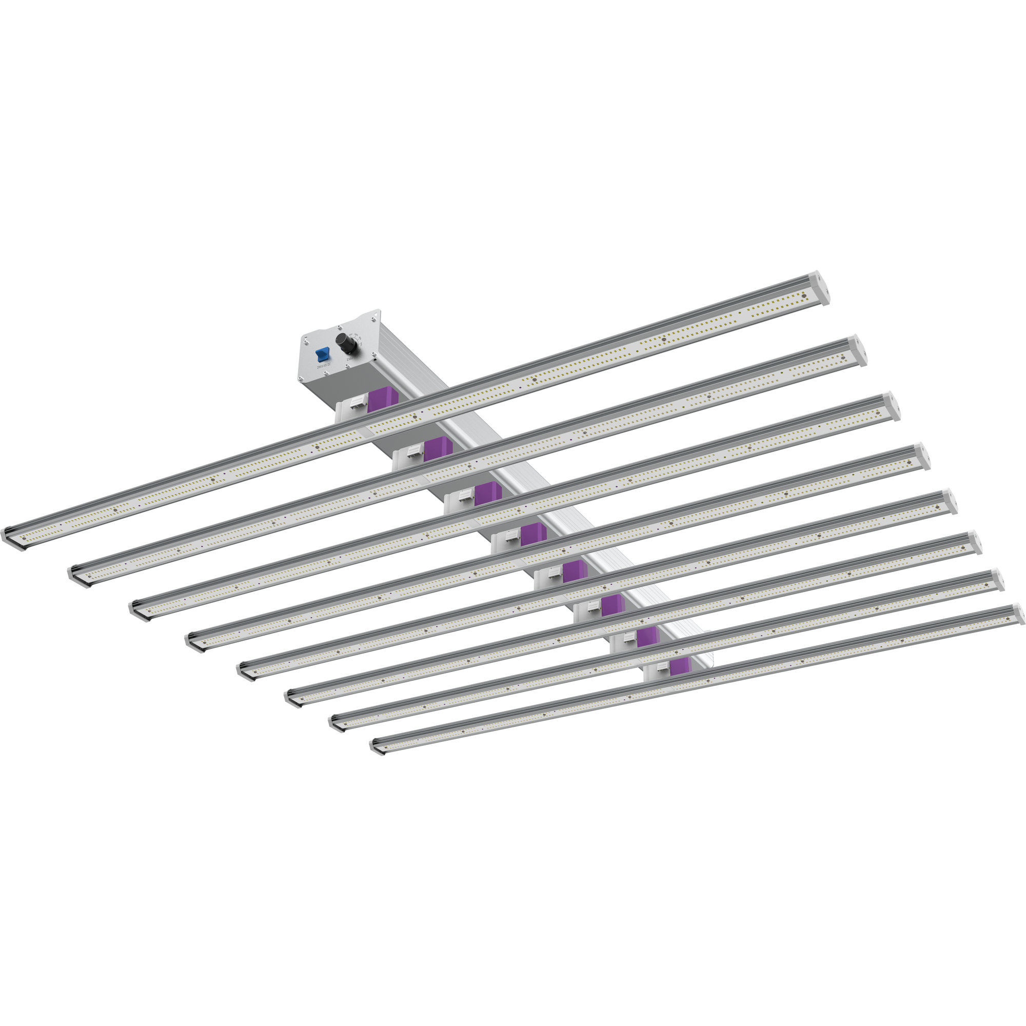 Full spectrum LED grow light with 8 bars, silver frame, and purple accents on white background.