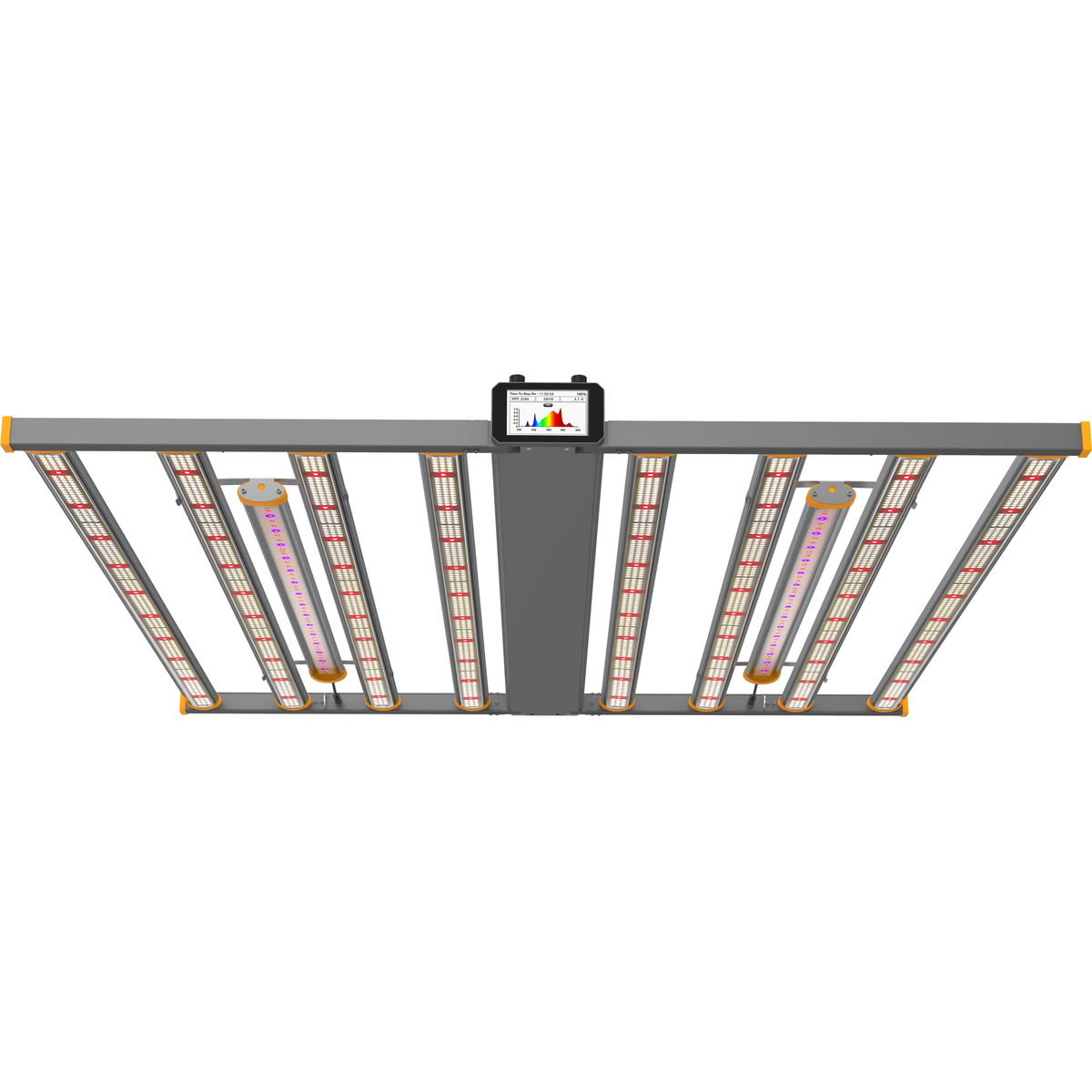 A rectangular LED grow light with multiple bars, emitting white and red light, featuring a digital display with a light spectrum graph.