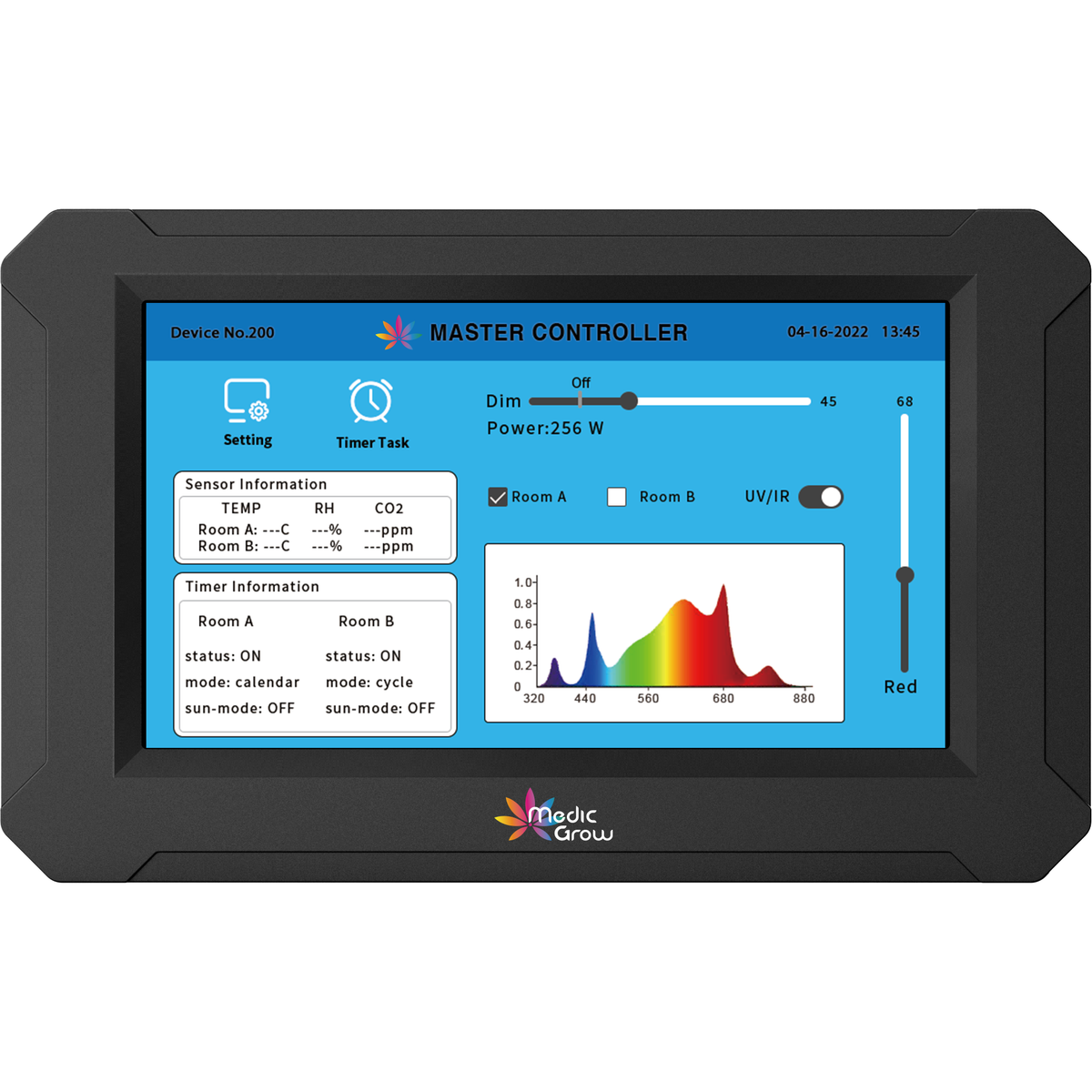 Medic Grow TSC-2 LED grow light controller: touch screen with spectrum graph, dimming slider, and timer info.