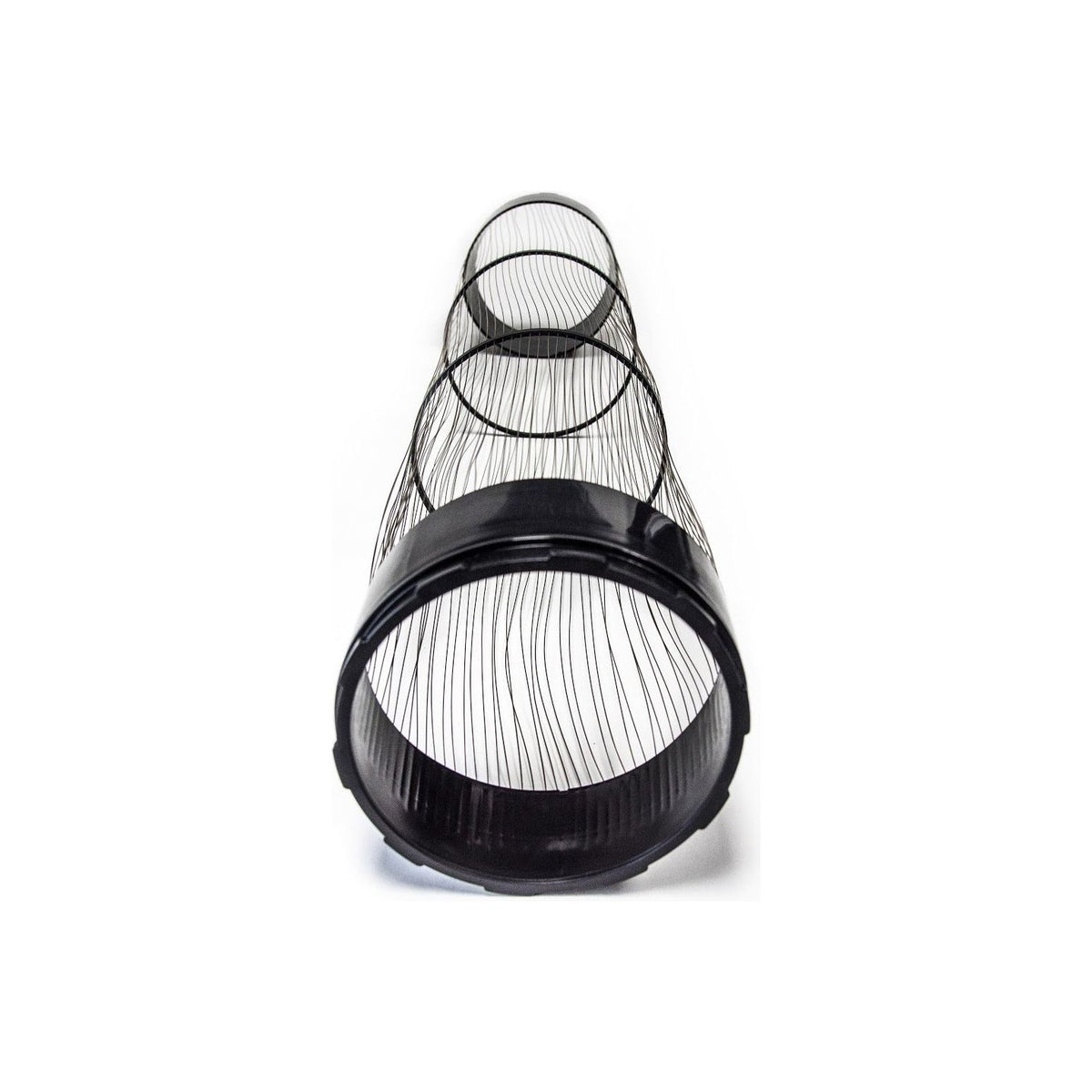 Black wire mesh funnel with black rim, isolated on white background.