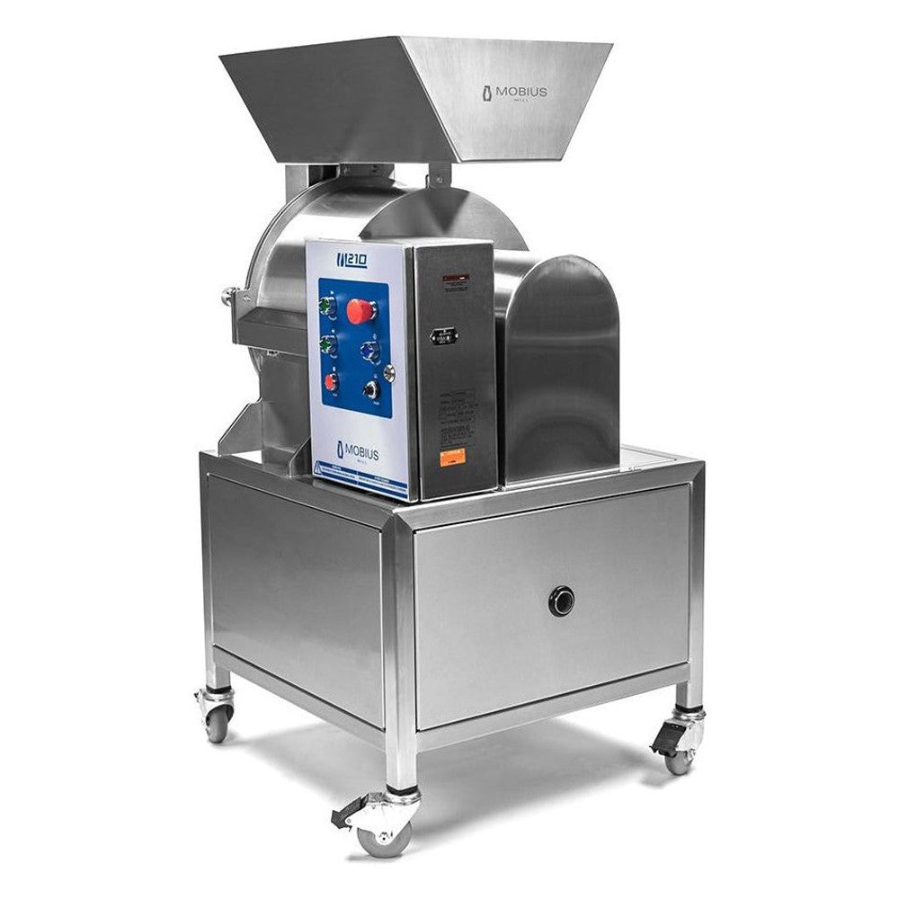 A Mobius M210 industrial mill shredder with stainless steel construction and control panel.