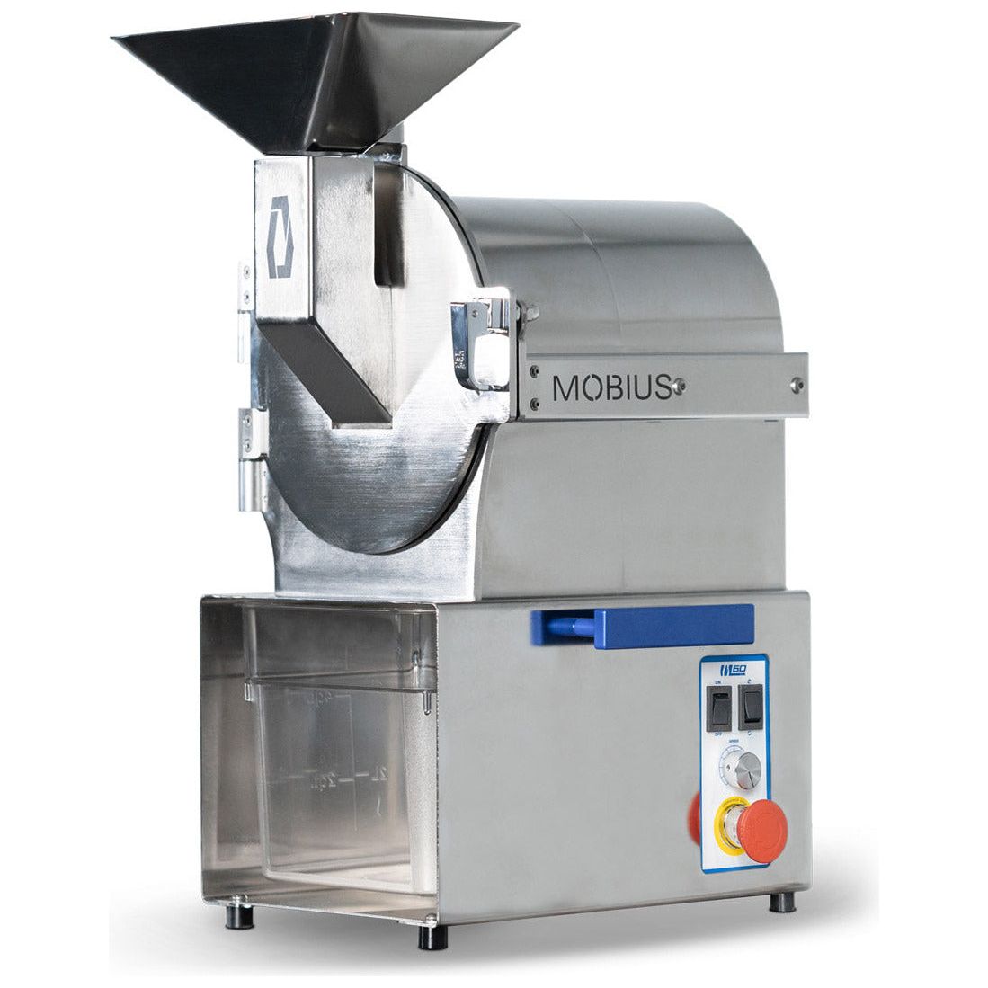 Stainless steel Mobius M60 compact mill shredder machine with hopper, chute, and control panel.