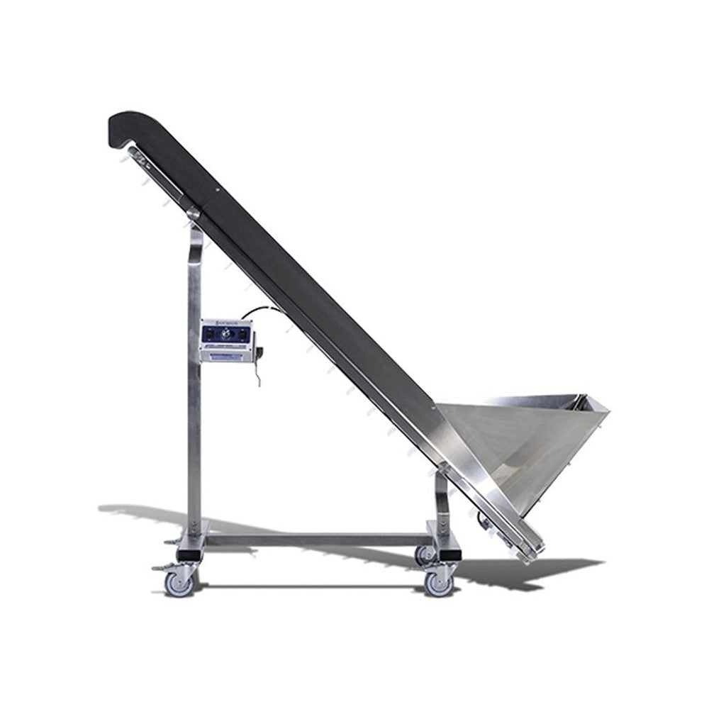 Inclined conveyor belt system with hopper, wheels, and control panel, white background.