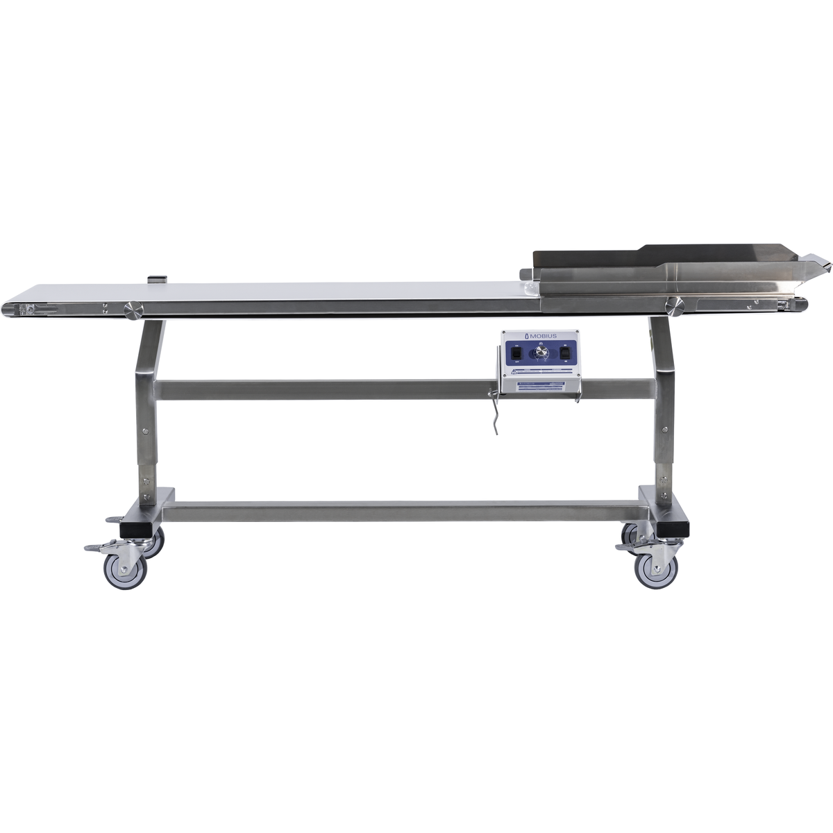 Mobius outfeed conveyor system on casters with control panel and a white table.