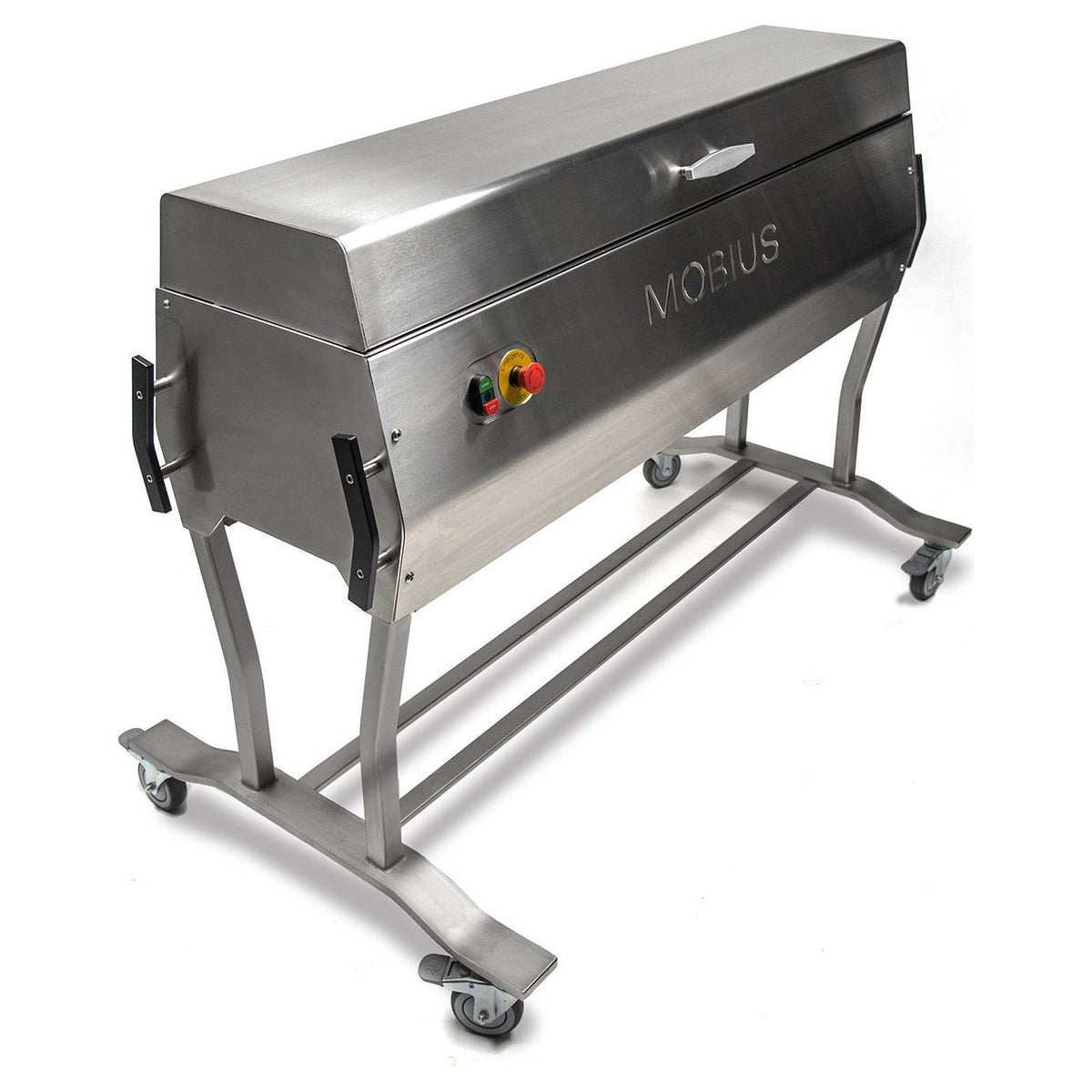 Stainless steel Mobius tumbler and brush washer on wheeled stand.