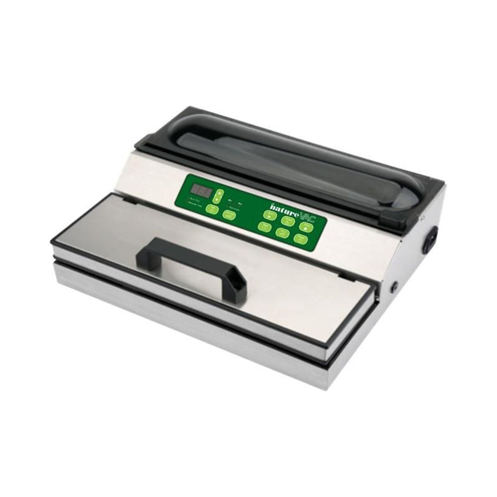 NatureVac commercial vacuum sealer with stainless steel finish and digital controls.