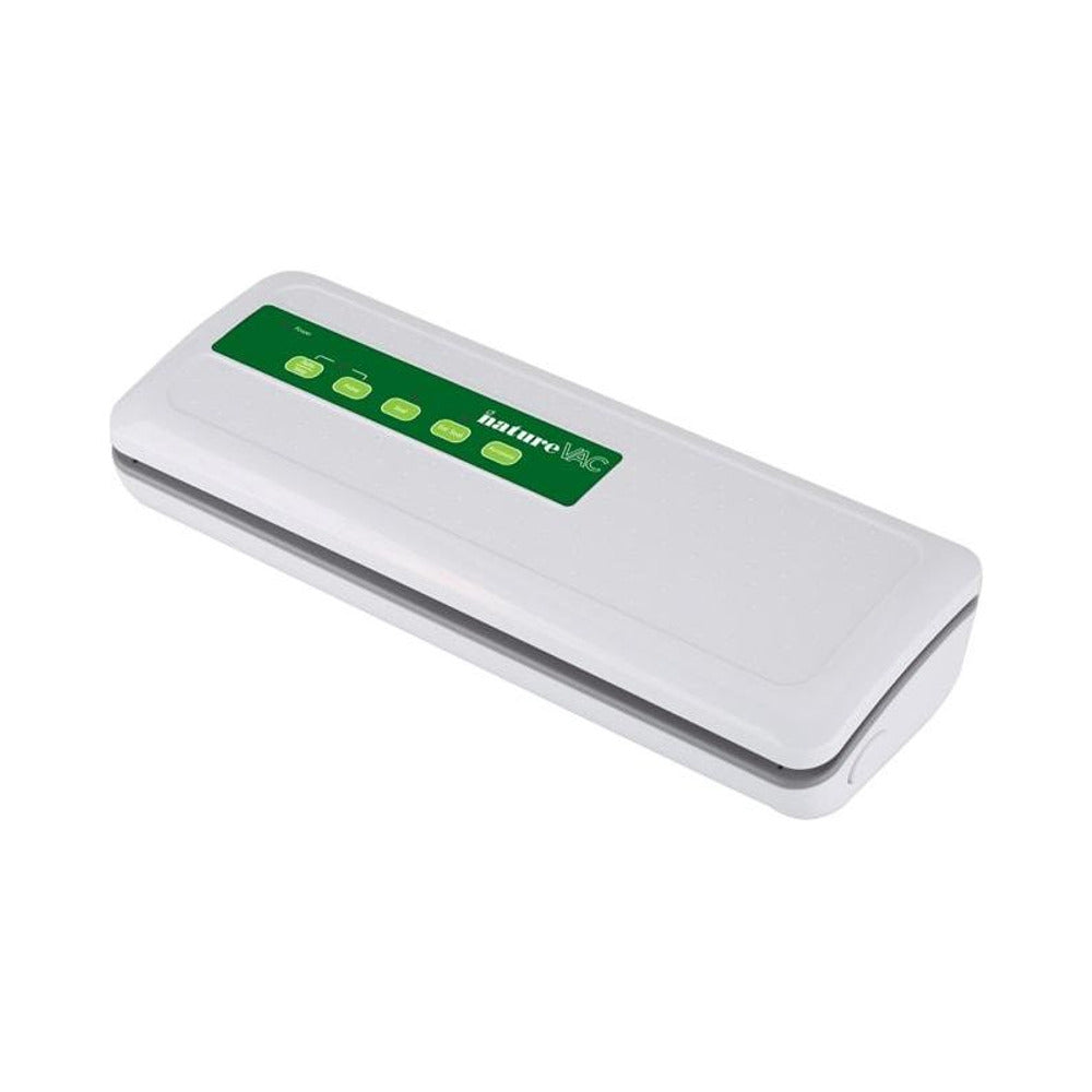 White vacuum sealer with green control panel labeled "natureVAC" and buttons.