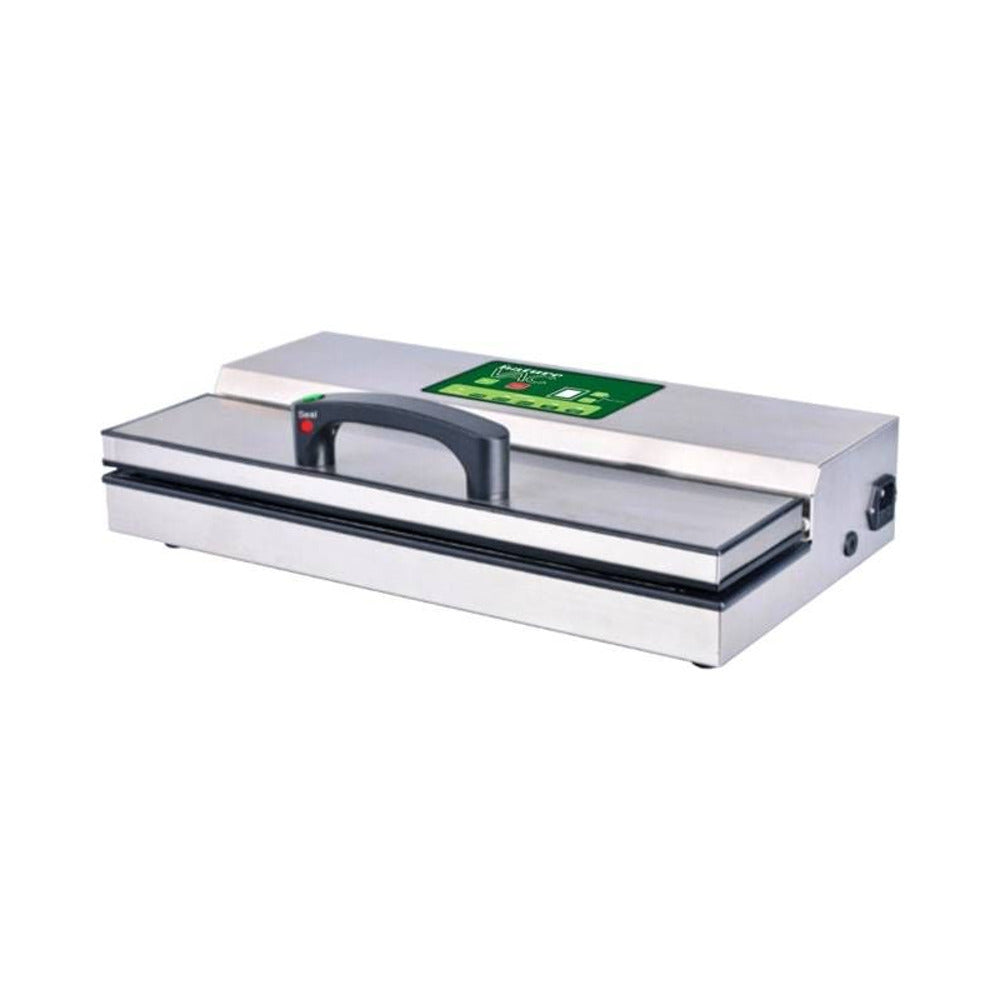 Silver vacuum sealer machine with black handle and green label.