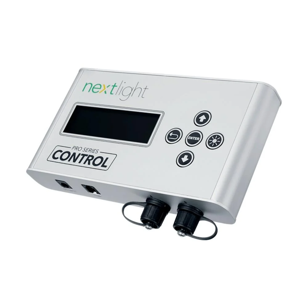 Nextlight Pro Series Control unit with a digital display and navigation buttons, on a white background.