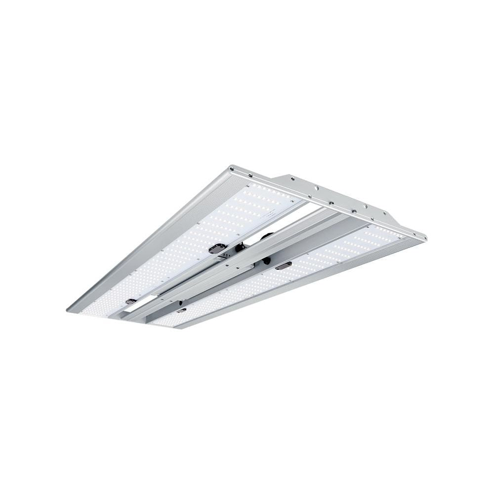 Silver LED grow light fixture with two long rows of white LEDs on white background.