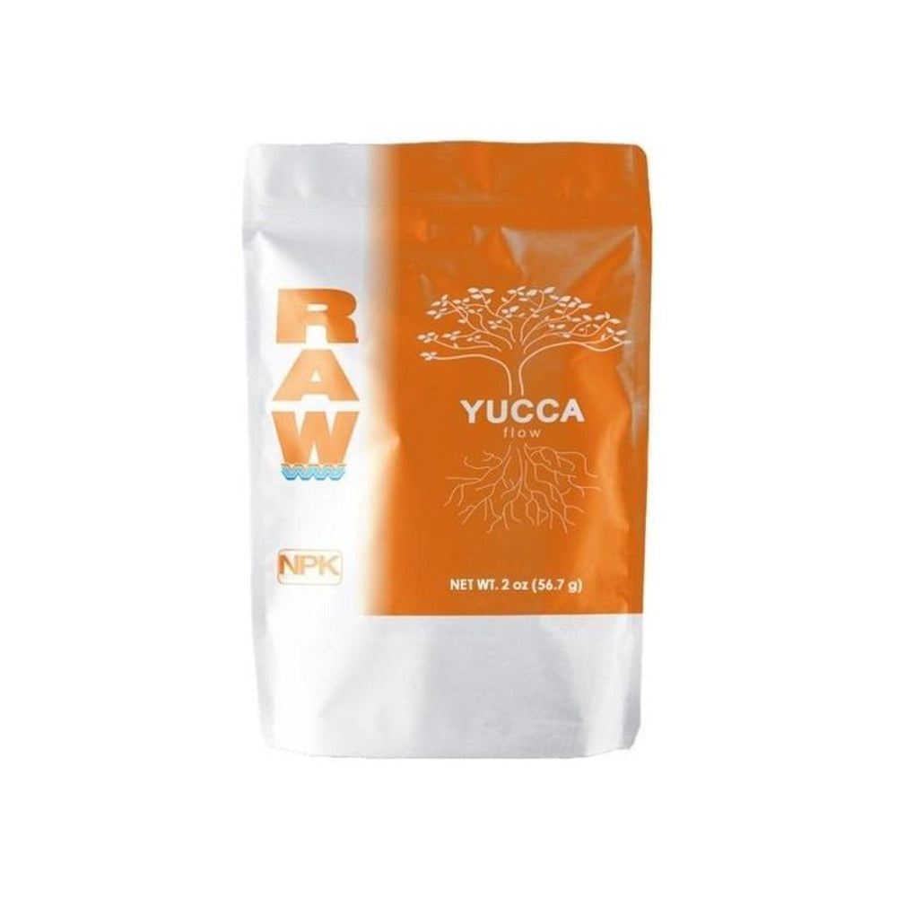 RAW Yucca Flow plant nutrient powder bag with tree and root graphic.