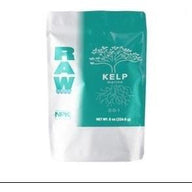 RAW Kelp Marine NPK fertilizer pouch, 8 oz, with a teal and white design.