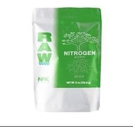 White and green bag of RAW Nitrogen plant nutrient fertilizer with a tree and roots design.