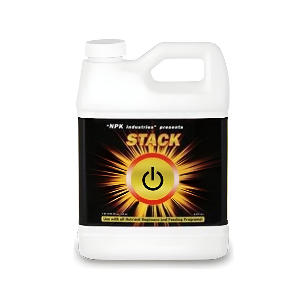 White jug of NPK Industries Stack nutrients with a prominent power button logo on a black label.