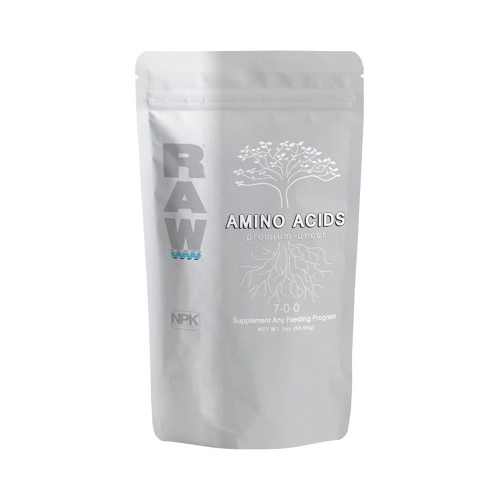 A white pouch of RAW Amino Acids supplement with a tree and root graphic.