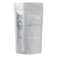 A white pouch of RAW Amino Acids supplement with a tree and root graphic.