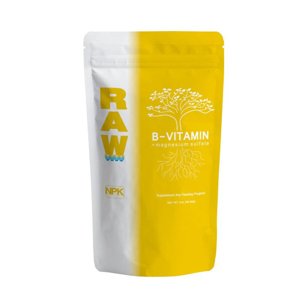 Yellow and white pouch of RAW B-VITAMIN + magnesium sulfate, with tree and root graphic.