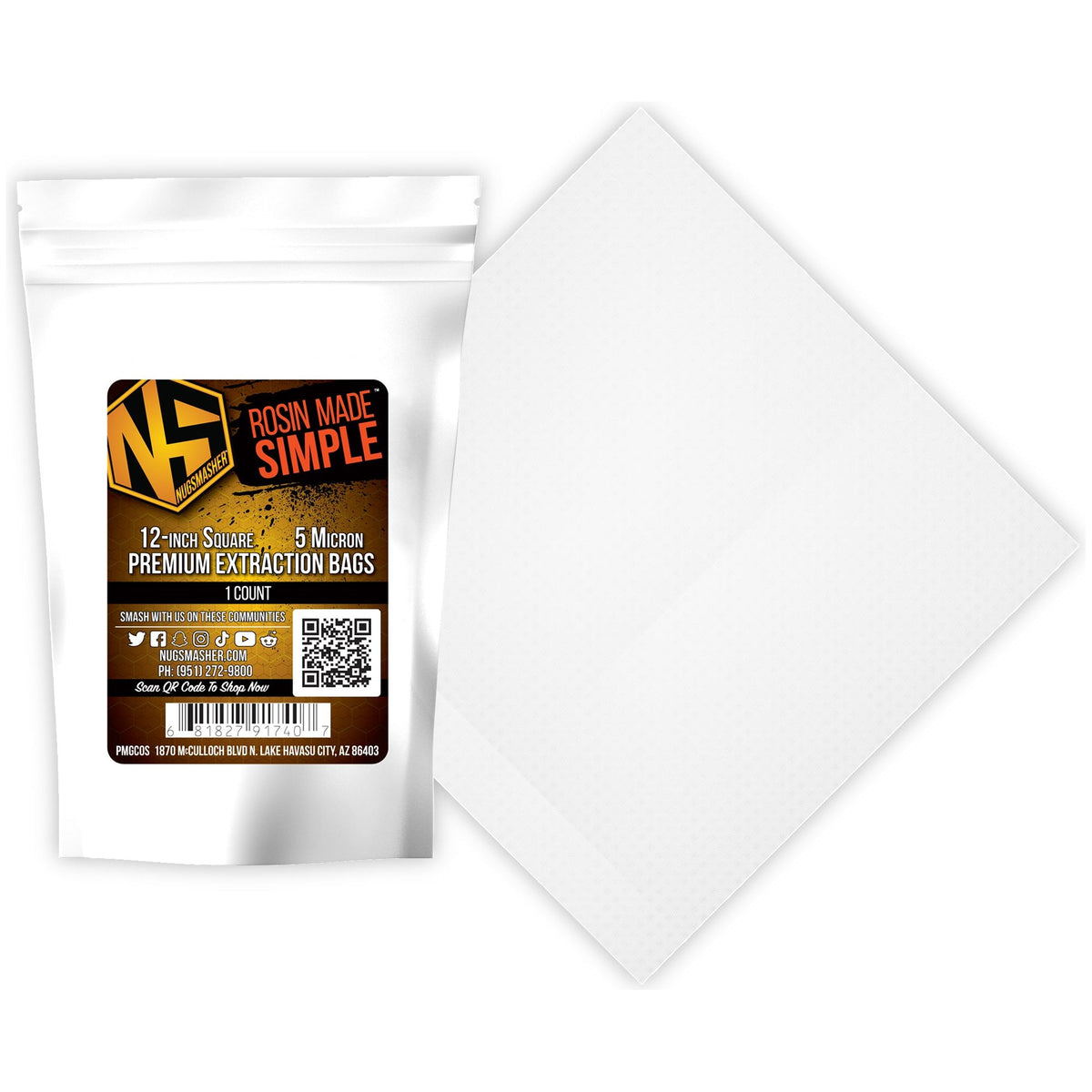 White bag with "Nugsmasher" logo, 12" square extraction bags, 5 micron, 1 count.